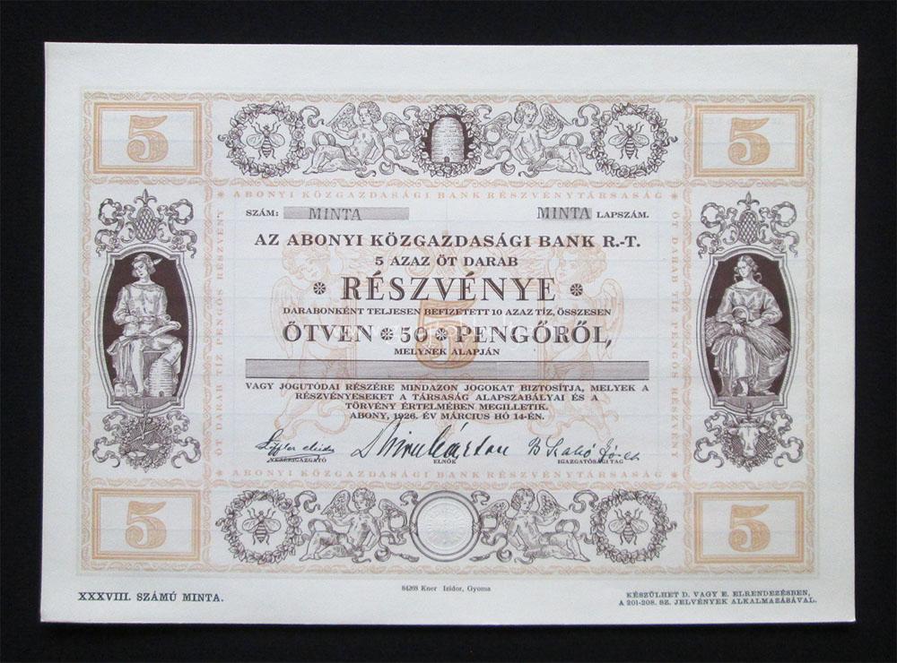 Abonyi Közgazdasági Bank részvény 5x10 pengõ 1926 MINTA